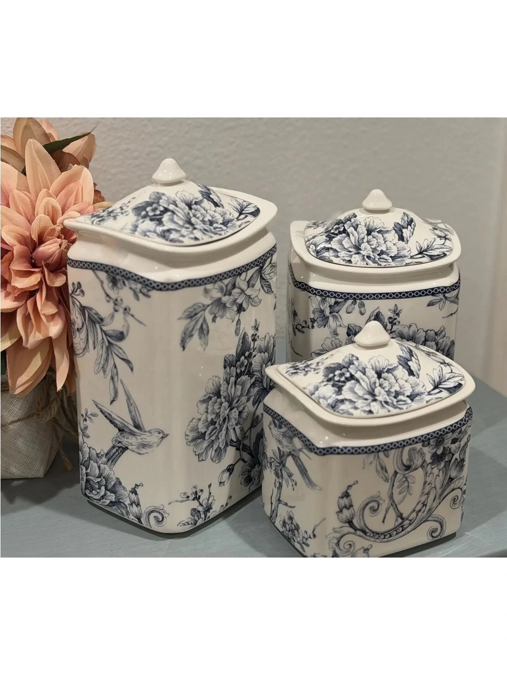 Set (3) 222 Fifth Adelaide Blue Bird Floral Canisters on White Background ~New~